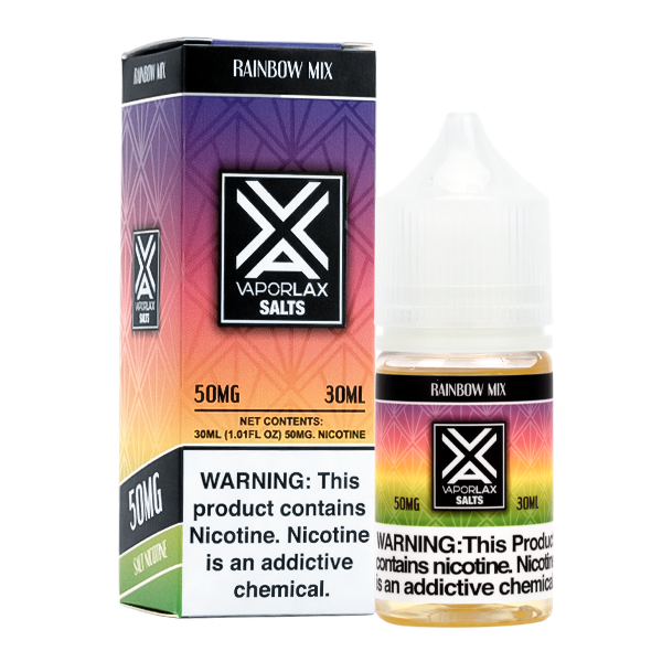 A 30ml vape juice with nicotine in 25mg & 50mg, experience Rainbow Mix by VaporLax Salts